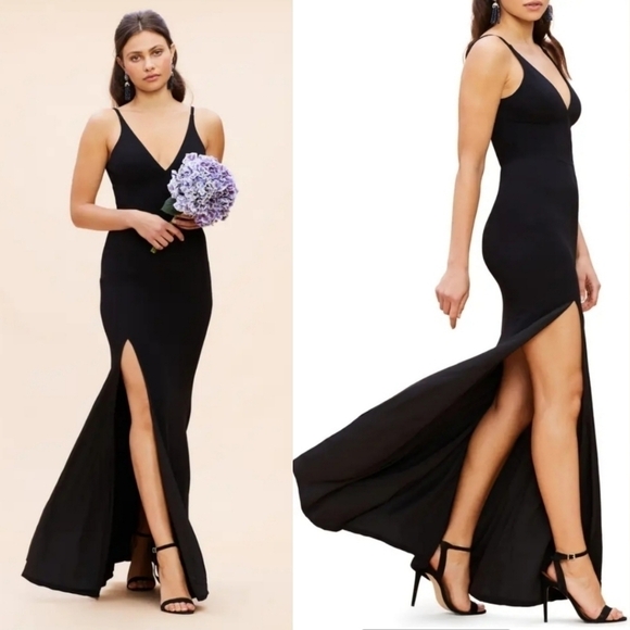 New Dress The Population Iris V-Neck Side Slit Crepe Black Evening Gown NWT XL - Picture 3 of 9